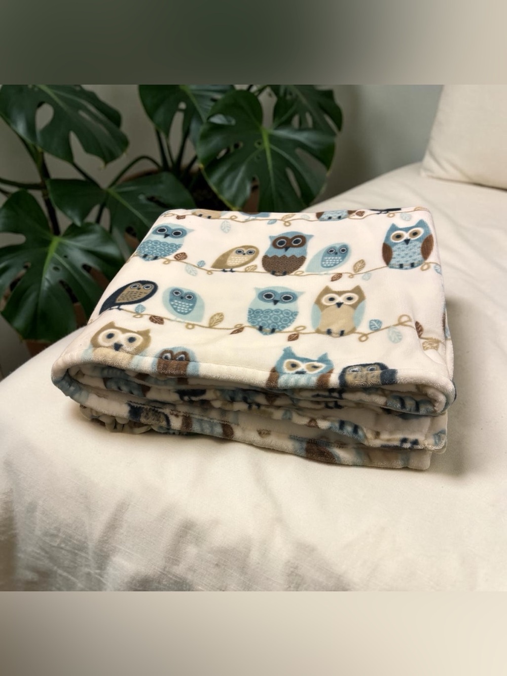 Domain Fleece Blanket Hoot Owls Queen Size Blue Brown Tan Cozy Thick Soft